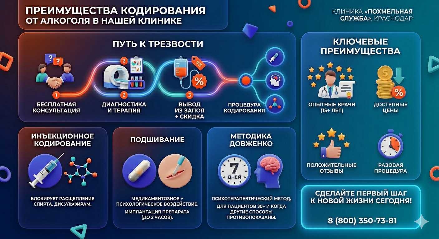 Инфографика о методах кодирования от алкоголя в Томске: инъекции, подшивание, метод Довженко. Преимущества клиники и этапы лечения.
